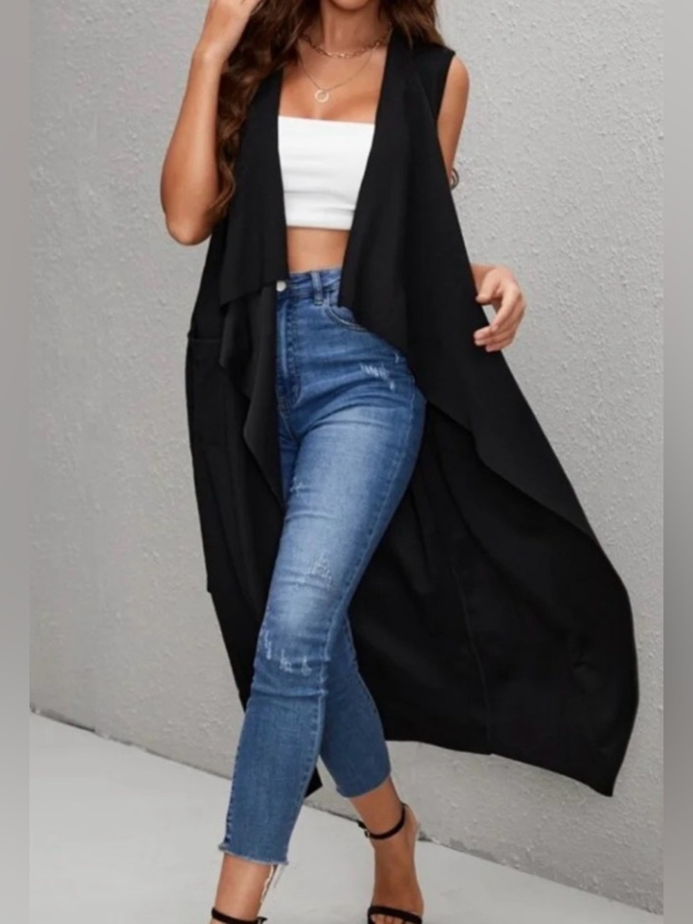 Love Tree Black Draped Open Front Long Line Vest Duster Belted size S
